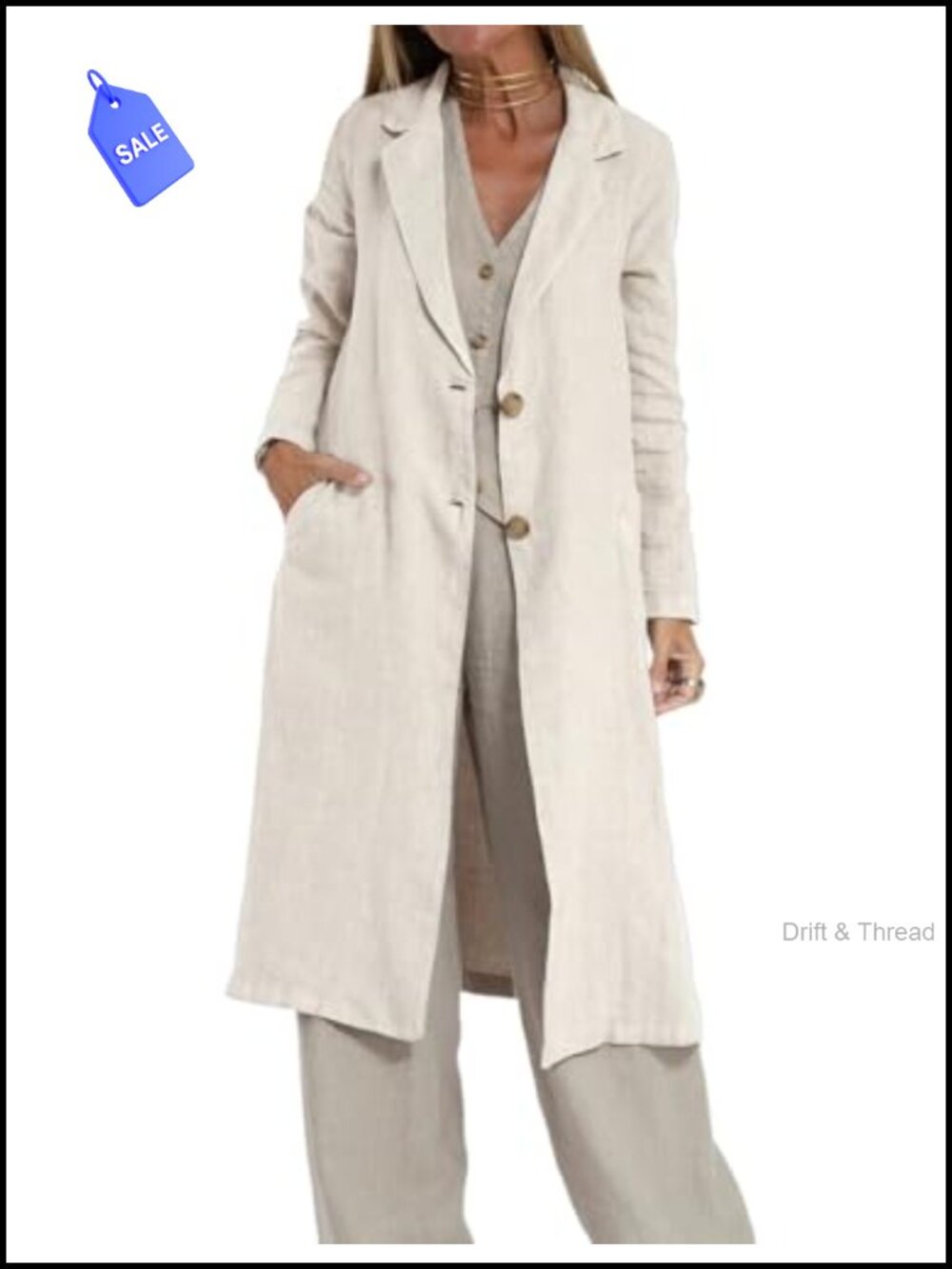 Womens Long Cotton Linen Blazer Trench Coat Button Front Knee Length